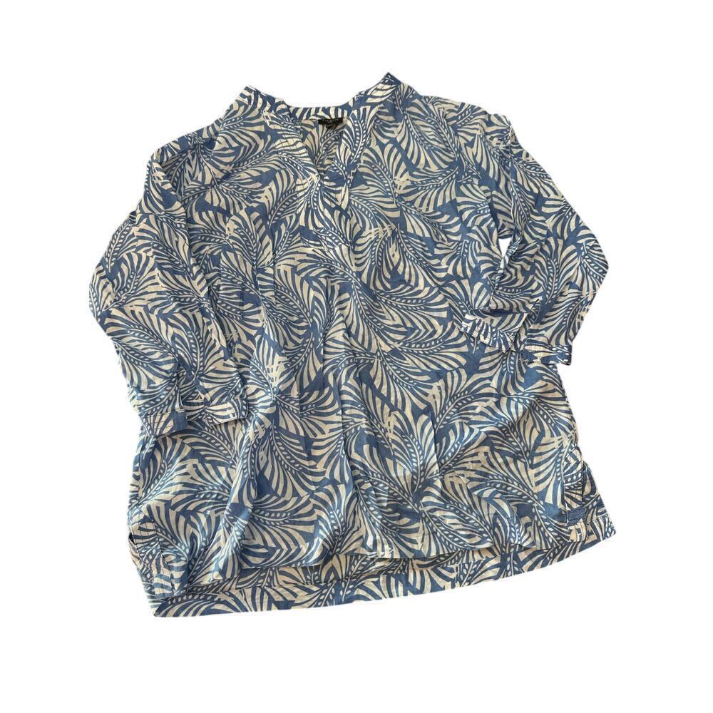 Talbots Blue V-Neck Palm Leaf Cotton Tunic swim cover up Top blouse Size 1X